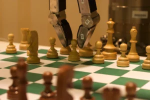 A chess-playing robot strategising on a chessboard
