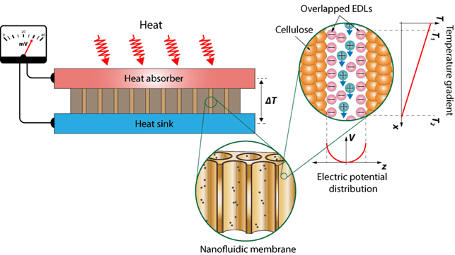 Concept of electric double layer (EDL) facilitating the movement of ions within nanochannels