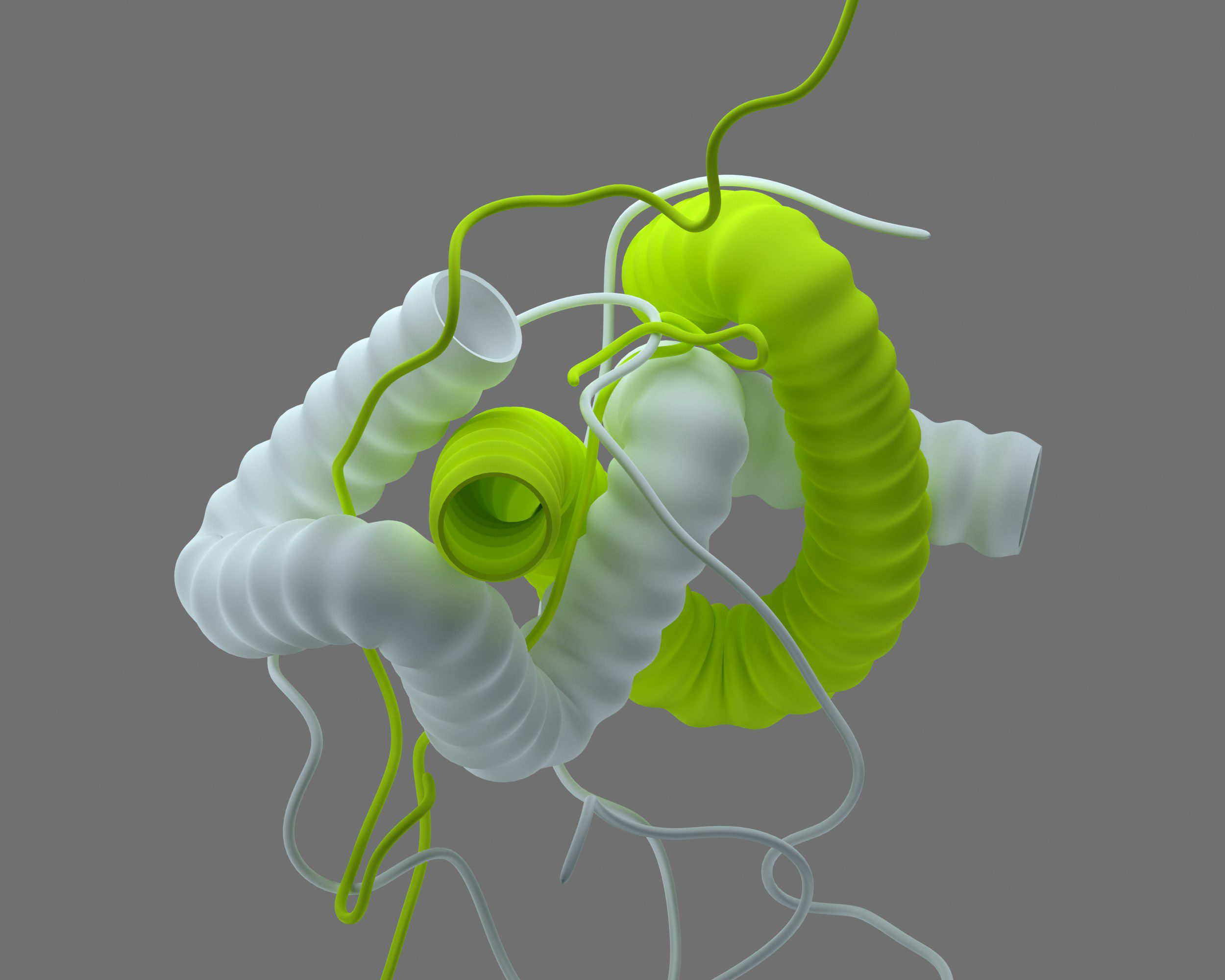 Green and gray tubes symbolising abstract protein structures in a conceptual proteomics visualisation.